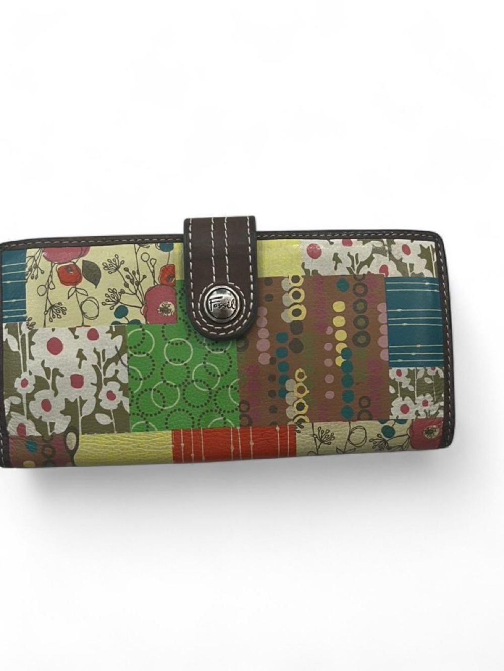 Fossil Patchwork Floral Snap Wallet in Green, Brown, Red, Yellow